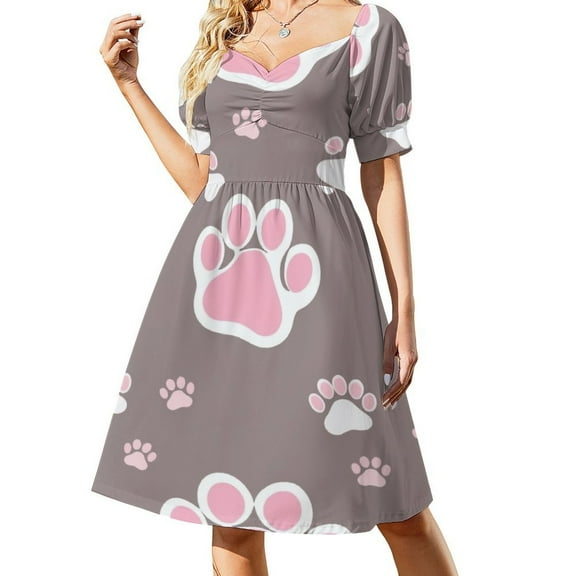 Pink Paw Prints Pattern Short Sleeved Dress Fairy Dress Evening Gown Women Clothing 2025 New Arrivals