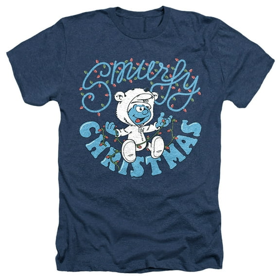 Smurfs Smurfy Christmas With Baby Smurf Unisex Adult Heather T Shirt, Navy Heather, 3X-Large