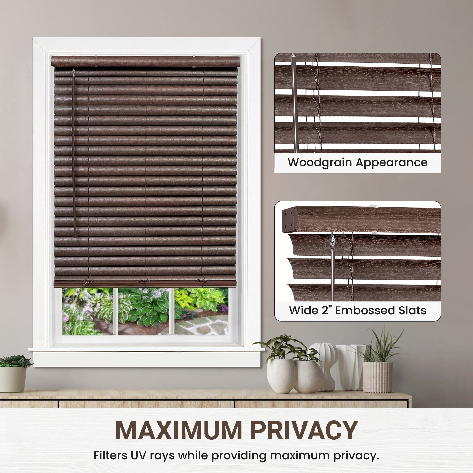 PowerSellerUSA Cordless Window Blinds, 2" Slats Vinyl Mini Blind, Premium Embossed Woodgrain, Anti-UV Window Treatment, Mahogany, 30" Width x 64" Length, (Fits windows 23" - 64")