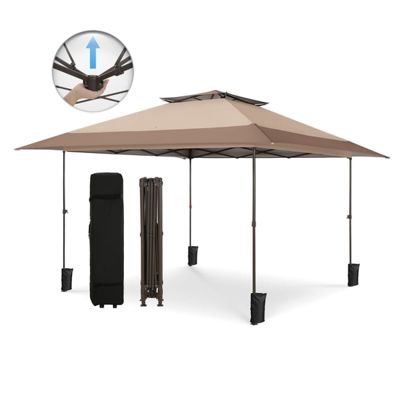 13x13ft Outdoor Gazebo Instant Pop Up Canopy Double Roof Folding Canopy Tent with Wheeled Bag, Brown