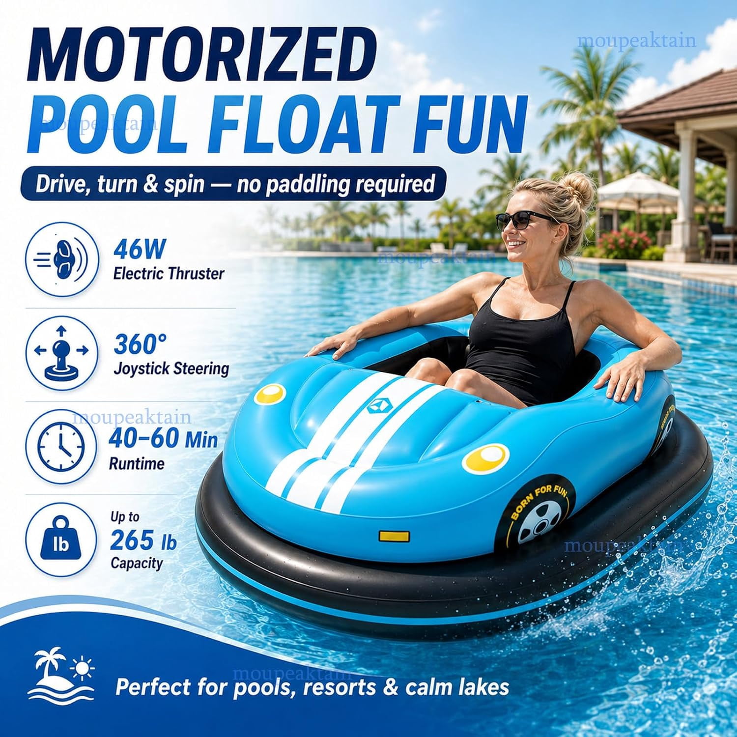 Inflatable Motorized Bumper Boats for Pool, Bumper Float with 46W Thruster, 360° Joystick Control, Equipped with 2 Rechargeable Batteries
