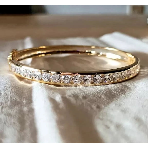 Women's Bangle Bracelet Moissanite White Round Cut 4 Ct Yellow 14K Gold Plated