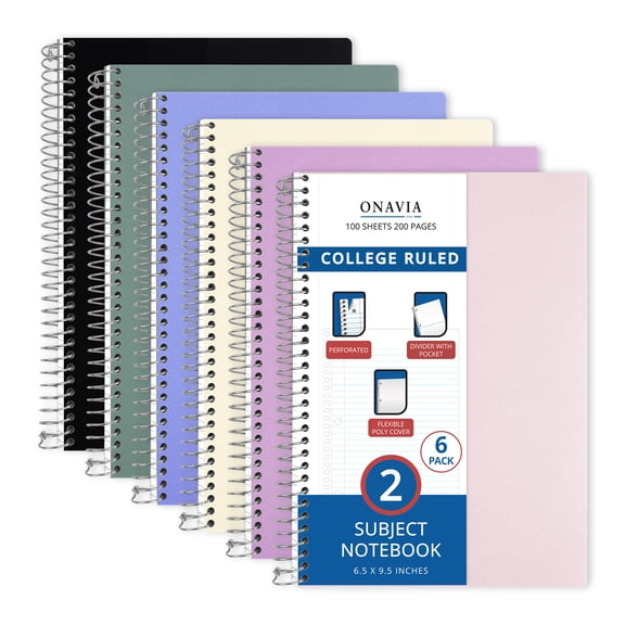 ONAVIA 2 Subject Notebook, College Ruled Spiral Notebook, 6 Pack, 6.5” x 9-1/2”, 3-Hole Punch, Flexible PP cover, 200pages/100sheets, Assorted Colors