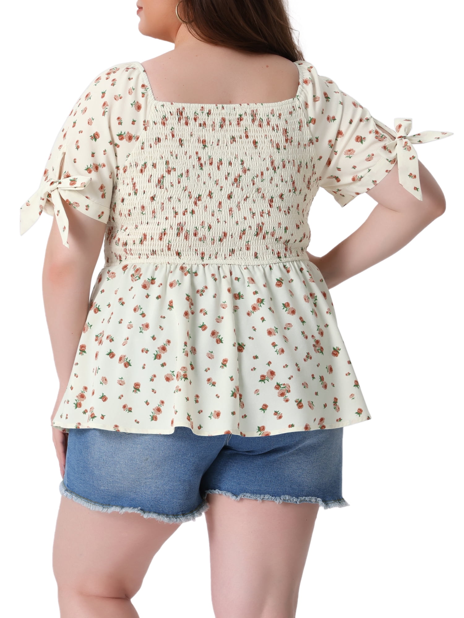 DARING DIVA Women's Plus Size Smocked Bow Tie Short Sleeve Peplum Blouse 4X Beige