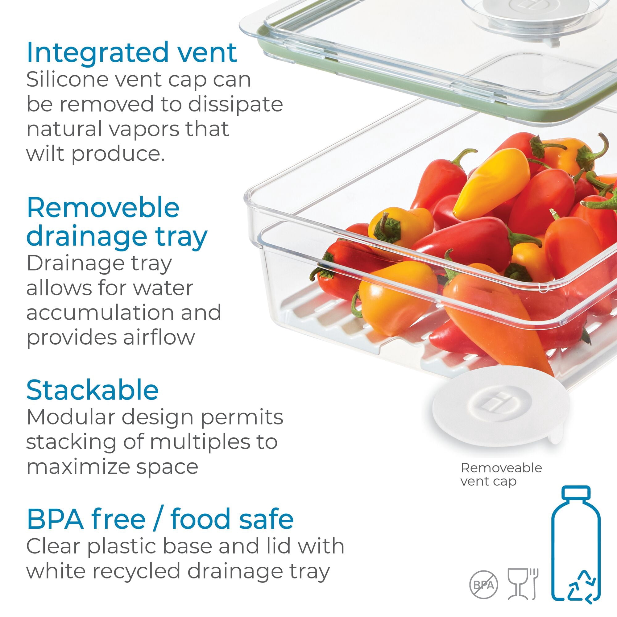 iDesign Large Short Produce Storage Bin with Insert Tray and Lid, 7.8” L x 10.5” W x 3” H, Clear