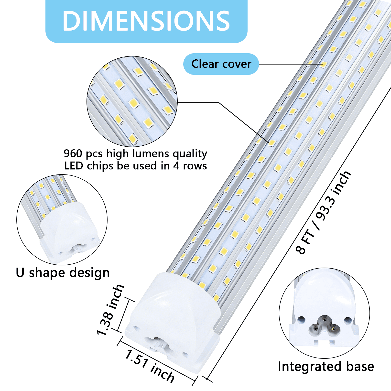 BEISHIJIA BSK.BESTKA 12PCS/Pack, LED Shop Light, 8FT 150W 18800LM 5000K, Daylight White, U Shape, Clear Cover, Hight Output, Linkable Shop Lights