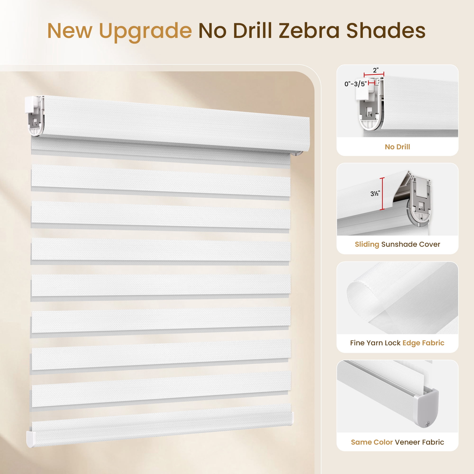 Grandekor No Drill Zebra Blinds for Windows,Cordless Zebra Shades Dual Layer, Pull Down Roller Shades Free-Stop,35"W x 64"H,White,Easy to Install for Home, Office, Bedroom