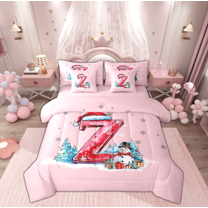Manfei Teens Monogrammed Z Twin Bedding Sets 7-Piece, Cute Christmas Hat Bedding Comforter Set, Kawaii Princess Cartoon Reversible Sheet Sets, Breathable Home Decor