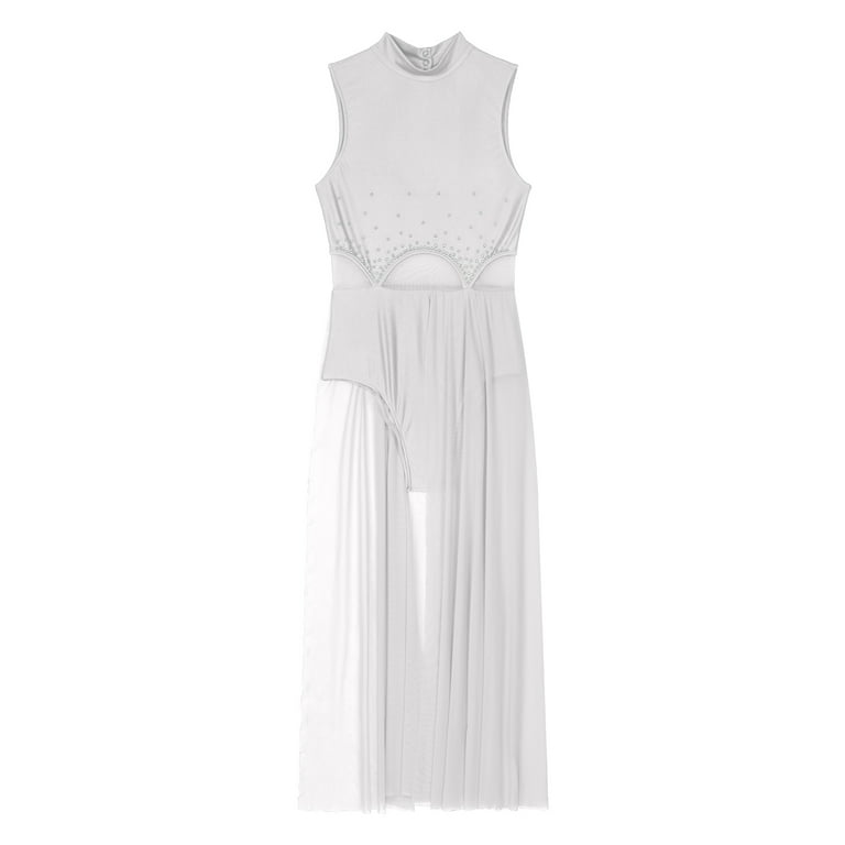 Alvivi Womens Sleeveless Lyrical Dance Costume Rhinestone Mesh Split Mock  Neck Ballet Leotard Dresses White XXL - Walmart.com