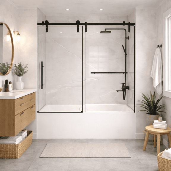 56-60" x 66" H Frameless Sliding Bathtub Door, Tub Shower Door, 5/16" (8mm) Clear Tempered Glass, Stainless Steel Frame,Matte Black