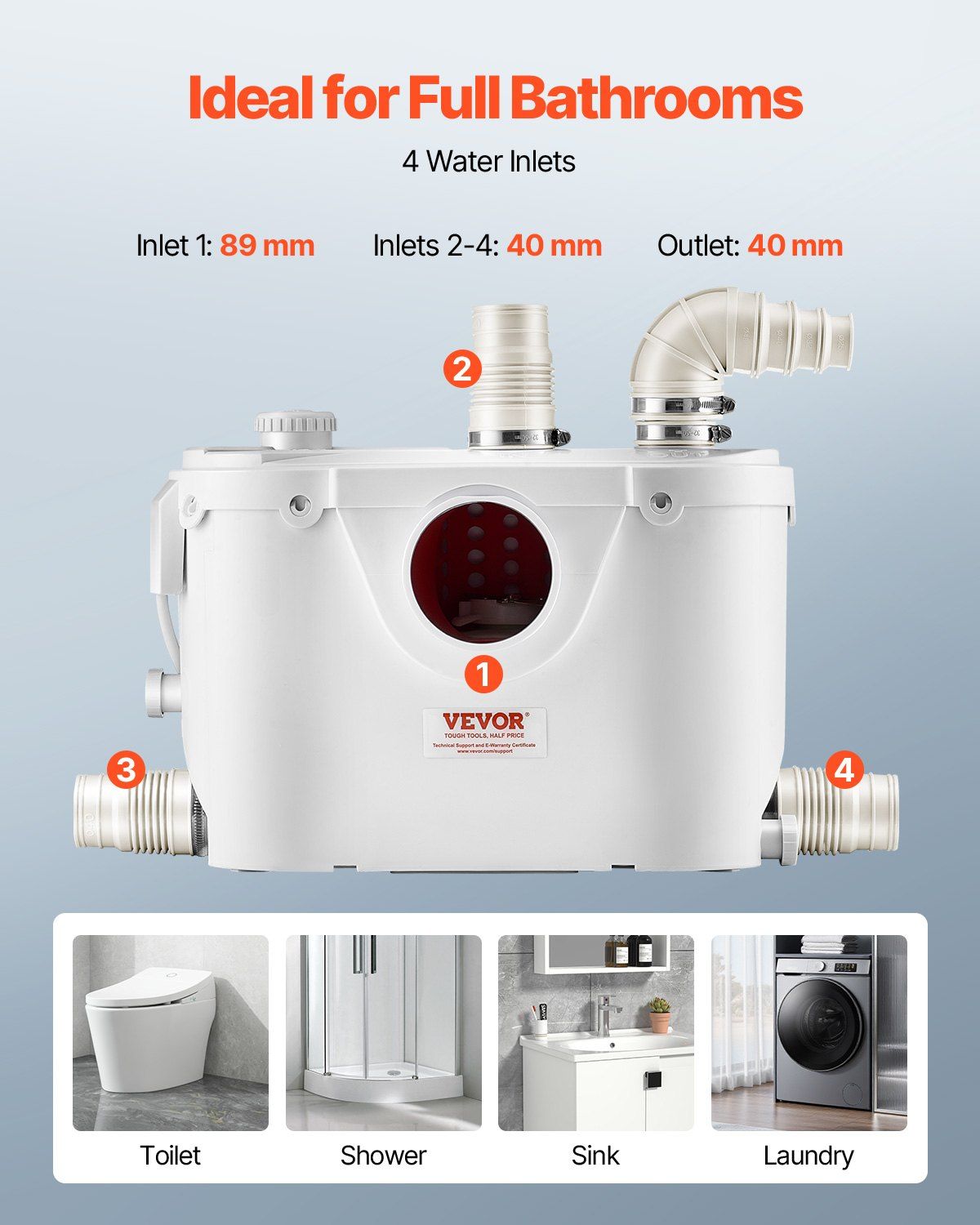 Macerator Pump 500W 29 GPM Flow 26 ft Head Lift Pump for Toilet Basement Sink Bathroom Utility