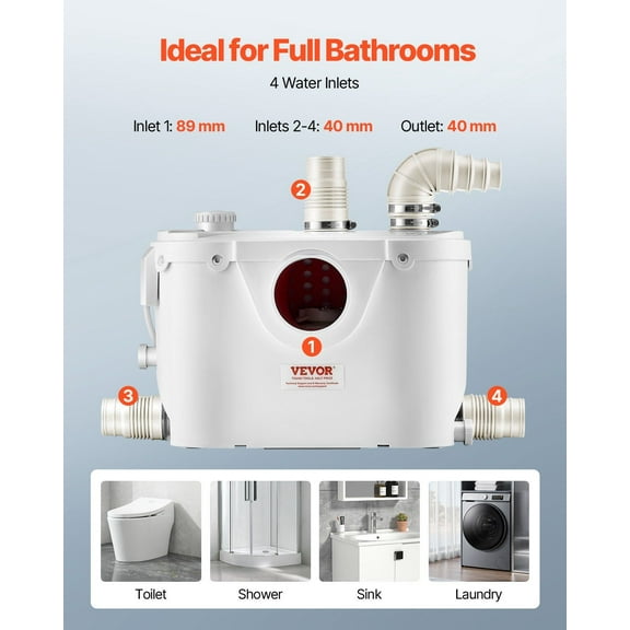 500W Macerator Pump 29 GPM High Flow 26 ft Head Lift for Basement Toilet Sink Drainage