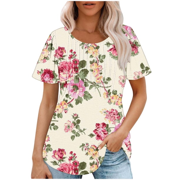 Tops Cortos para las Mujeres Cuello Redondo Suelto Impreso de Manga Corta, Tops Sueltos para las Mujeres