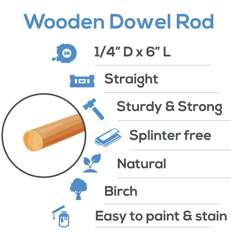 Woodpeckers Dowel Rods Wood Sticks Wooden 1/4 x 6 Inch Unfinished Hardwood  Sticks for Crafts and DIYers 50 Pieces