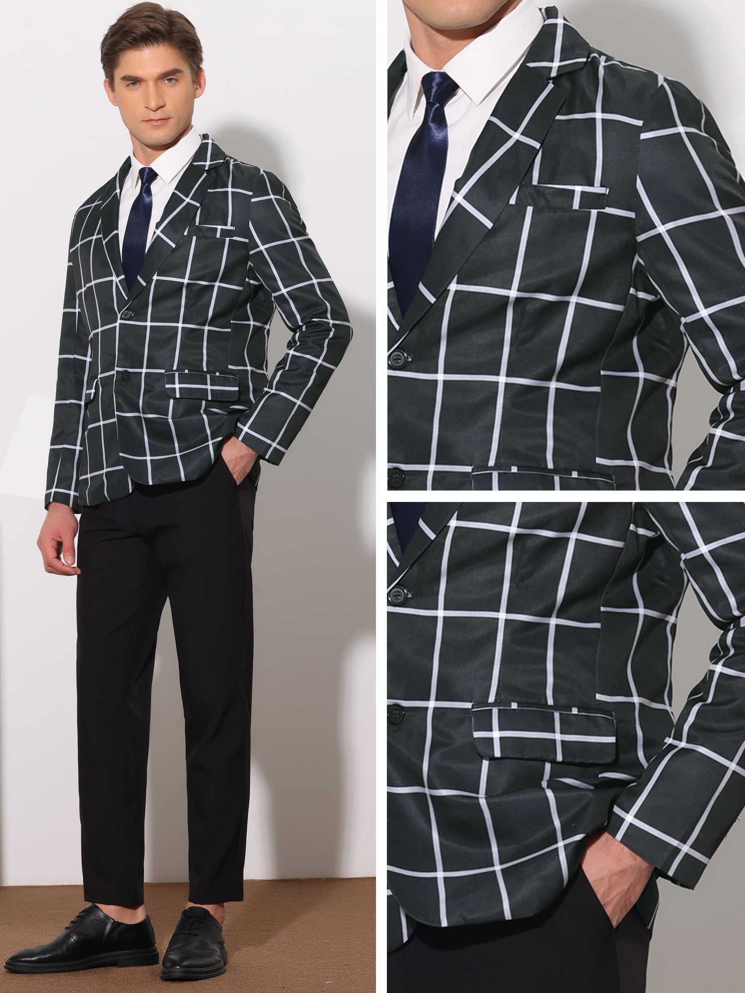 Unique Bargains Men's Plaid Contrasting Color Notch Lapel Two Button Blazer XL Black