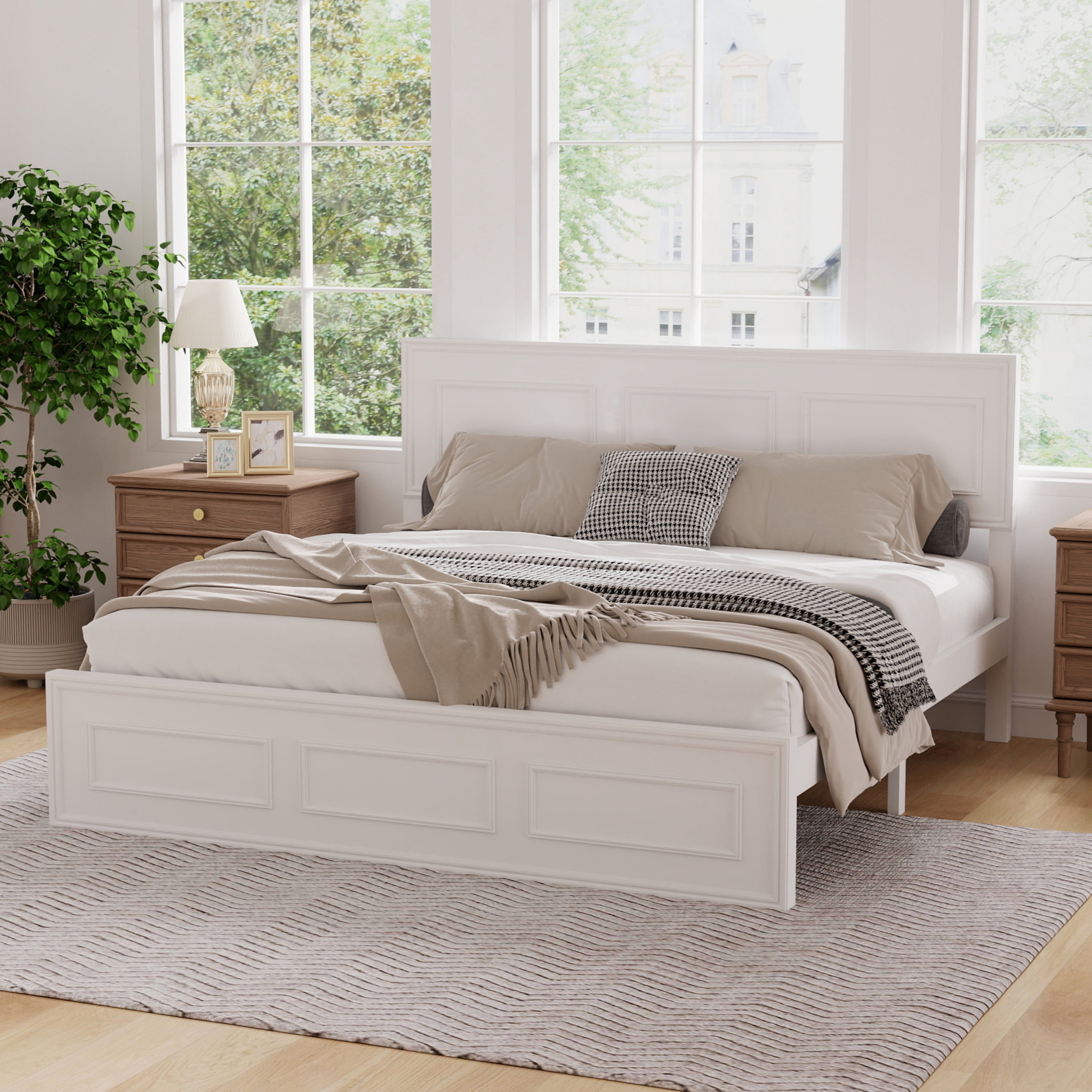 Queen Bed Frame with Adjustable Height Headboard and Geometric Panel Design, Wood Platform Bed and Mattress Foundation with Strengthened Frame, White