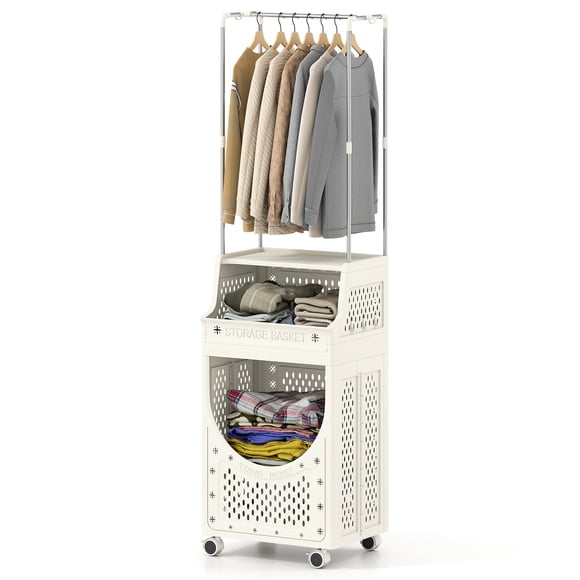 Gymax 3-Tier Laundry Cart w/ Hanging Bar Folding Laundry Hamper w/ Lockable Wheels