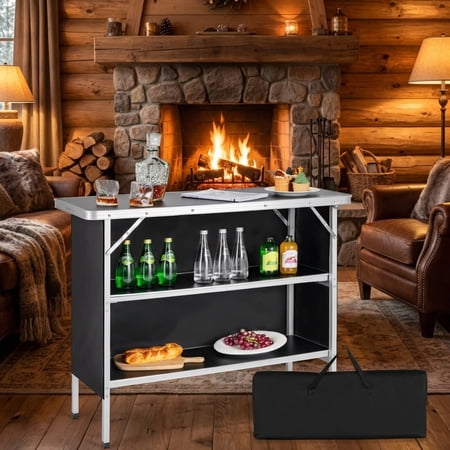 Biotree Folding Camping Table with 2-Tier Storage Shelves for Outdoor BBQ and Cooking Black