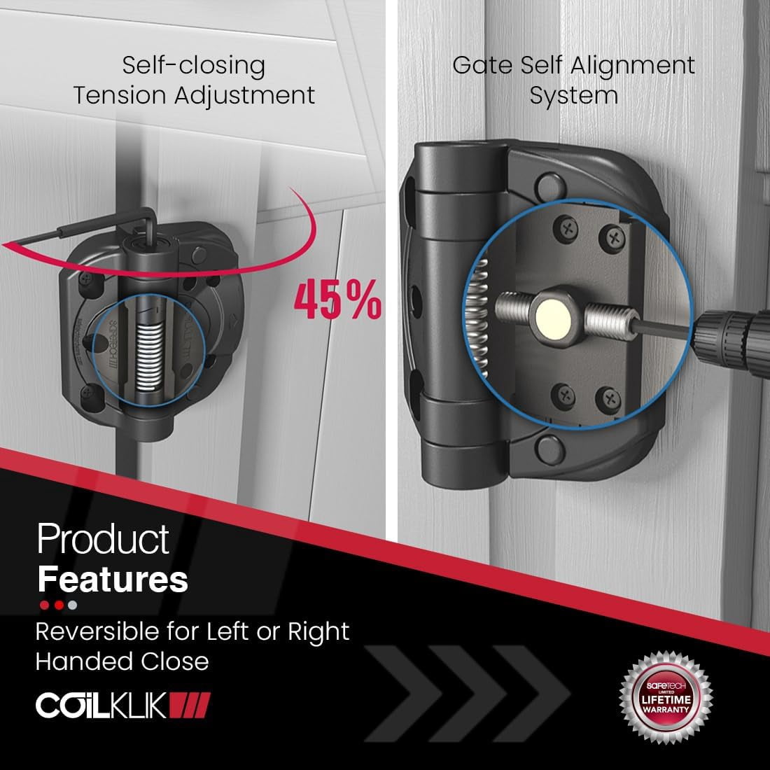 Safetech Hardware CoilKlik Self-Closing Gate Hinges | Self-Aligning Heavy Duty Spring Hinges | Adjustable Tension | Pool Safety Hinge | Square Post, Vinyl/PVC, & Wood | Swing Close 185lb -Black