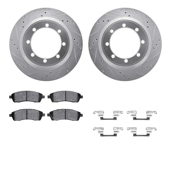 Dynamic Friction Company Rear Brake Rotors-Drilled and Slotted-Silver with 5000 Advanced Brake Pads includes Hardware 7512-54130