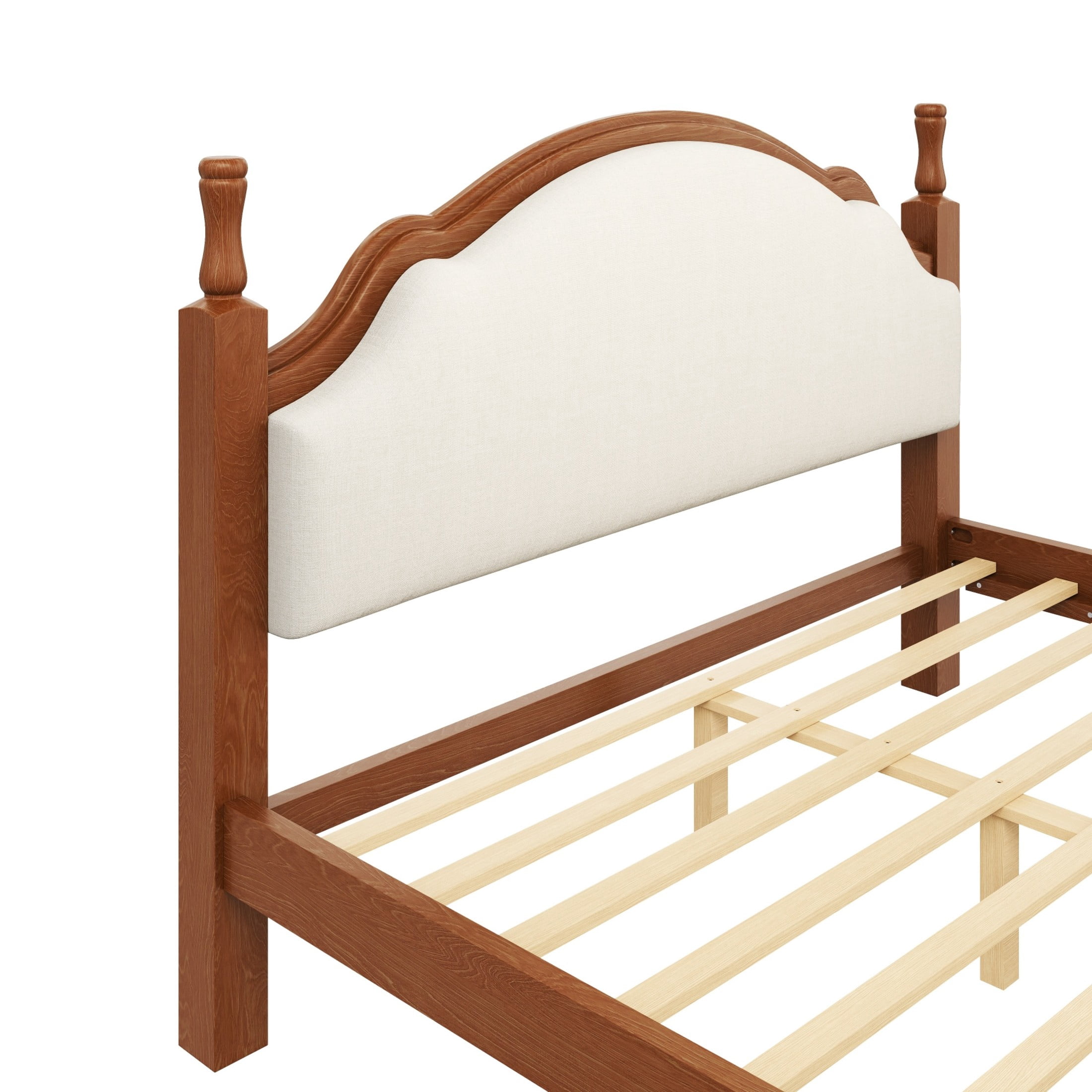 Noble House Caldon Queen Size Platform Bed, Pine Wood Frame with Curved Upholstered Headboard, Beige and Brown