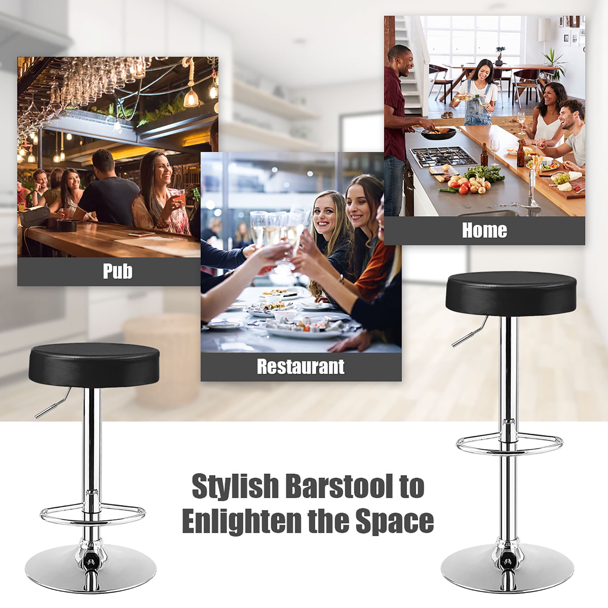 Costway 1 PC Round  Backless Bar Stool Adjustable Swivel Pub Chair U Leather with Footrest Black