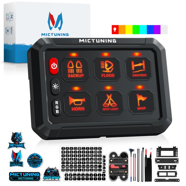 MICTUNING P1s RGB 6 Gang Switch Panel, Multifunction Toggle Momentary Strobe Pulsed Switch Pod with Backlit Off 5 Level Brightness Circuit Control Relay System Box f