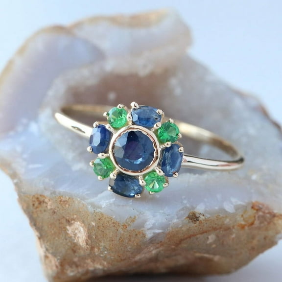 Oval Blue Sapphire & Emerald Cocktail Ring, 925 Sterling Silver Ring, Handmade Fine jewelry. Gift For Her.Anniversary Ring.