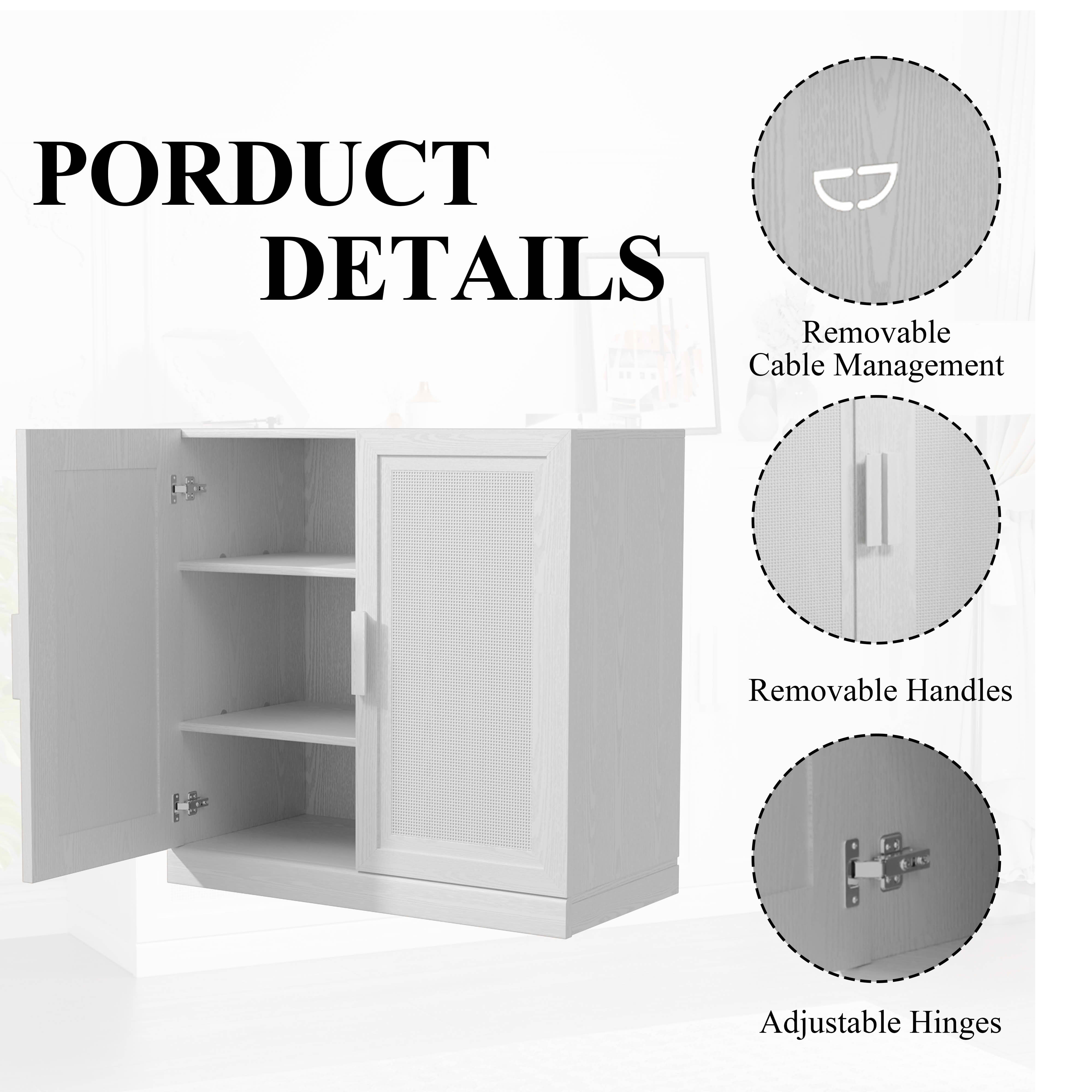 MAYEERTY 31x31x16 Inch White Wood Grain Storage Cabinet with Rattan Door for Living Room