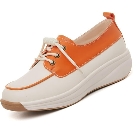 Women Leather Lace Up Platform Sneakers Walking Shoes Fashion Wedge Walking Sneakers Leather Color Blocking Loafers