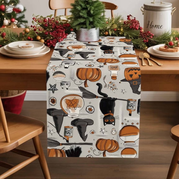 Halloween Pumpkin Table Runner 13x108 Inch Black Cat Broom Witch Hat Vintage Table Runners Dresser Scarves Winter Holiday Kitchen Dining Table Decoration for Home Party Indoor