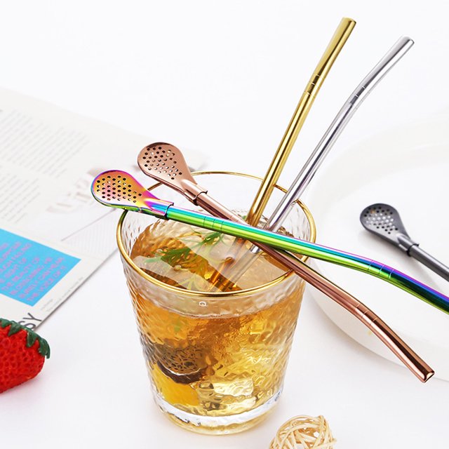 YAOMOBB Pulp Juice Filter Spoon Colorful Stainless Steel Tea Drinking Straws Spoon Filter Reusable Gourd Tea Tool