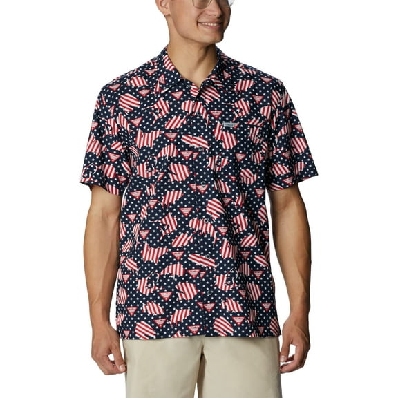Columbia Men's Trollers Best Short Sleeve Shirt, Collegiate Navy PFG Proud, Small