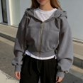 thumbnail image 2 of Zip up Hoodie Women Oversized Cropped Plain Sweatshirt Full Zip Drawstring Hooded Slouchy Jacket with Pocket Dark Gray 2XL, 2 of 8