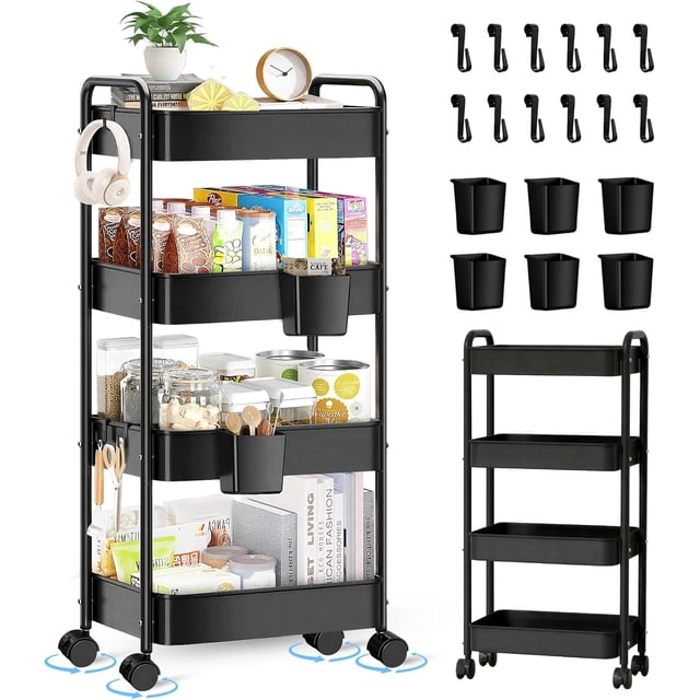 Carrito Organizador, Carrito Organizador con Ruedas 4 Niveles, Carritos Auxiliar de Metal con 12 Ganchos y 6 Cestas Colgantes, Carritos de Servicio para Hogar Oficina