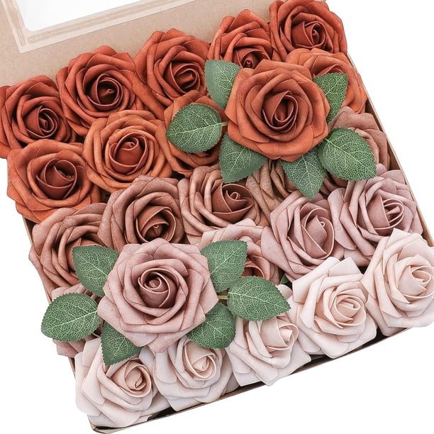 Flores artificiales Floroom, 25 uds., rosas artificiales de espuma de colores degradados de color naranja quemado de aspecto Real con tallos para ramos de boda DIY