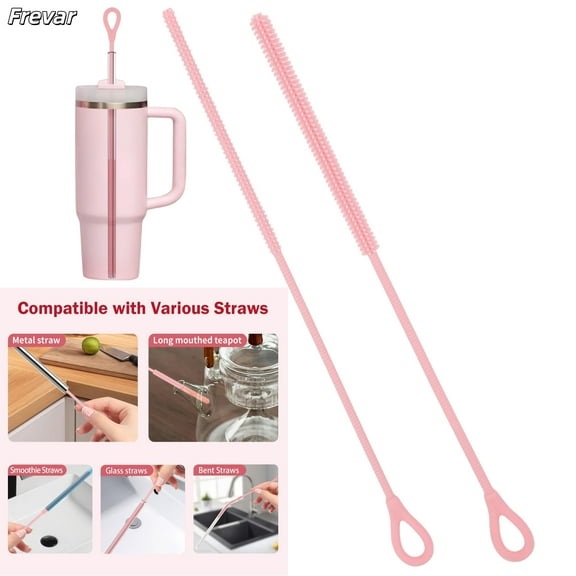 2 PCS Silicone Straw Cleaner Brush, 9.84 Inches Reusable Straw Cleaner with Bendable Steel Core, Extra Long Soft Bottle Brush for Clearing Smoothie Straws, Glass Straws, 9mm & 6mm, Pink