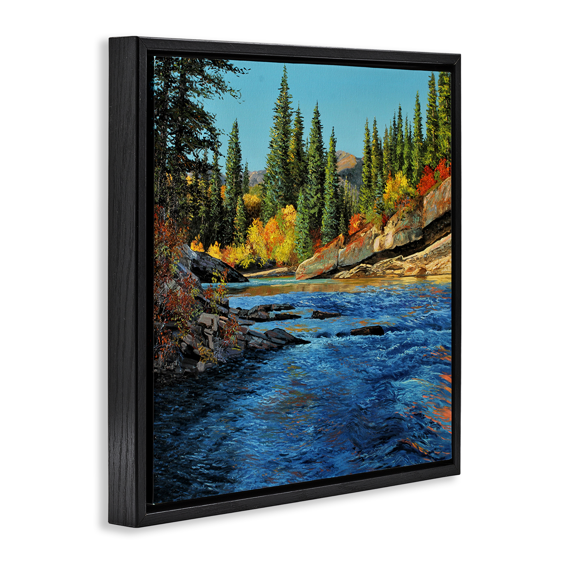 Stupell Industries Morning Rushing River Landscape & Nature Painting Black Floater Framed Canvas Art Print Wall Art, 25 x 25