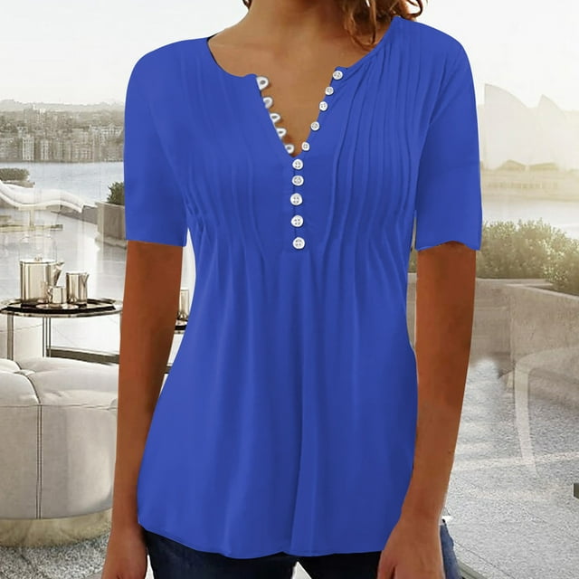 LSLJS T-Shirts pour Femmes Mode Décontractée Col Rond Plissé Couleur Unie Bouton Haut Blouse