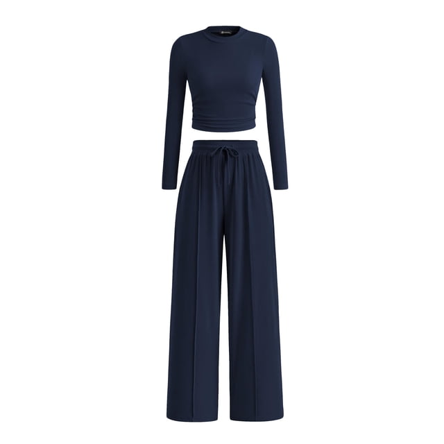 Conjunto de Dos Piezas para Mujer PRETTYGARDEN Top Corto Azul Marino y Pantalones Anchos Talla L