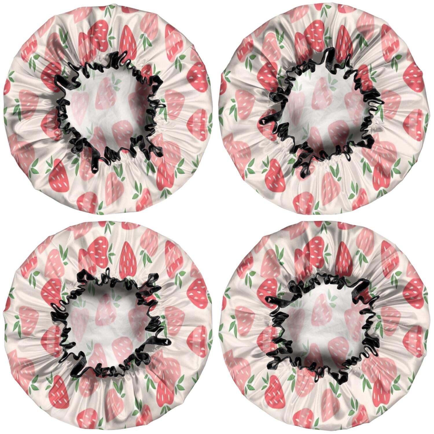 Shower Caps,Strawberry Plants Fruit Light Pink Pattern Waterproof Shower Cap for Women 4 Pieces,Double Reusable Hair Cover for Shower PEVA Elastic Stretch Hem