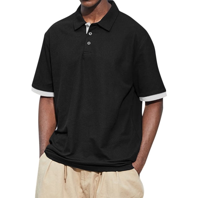 Men's Summer Solid Color T-shirt With A 3 Button Open Collar And Button Up Short Sleeved Top M