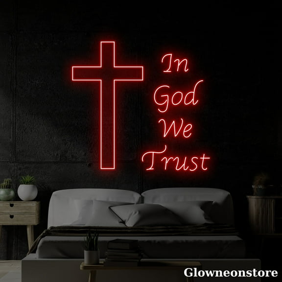 Glowneon In God We Trust Neon Sign,In God We Trust LED Sign, Custom Cross LED Neon Wall Art