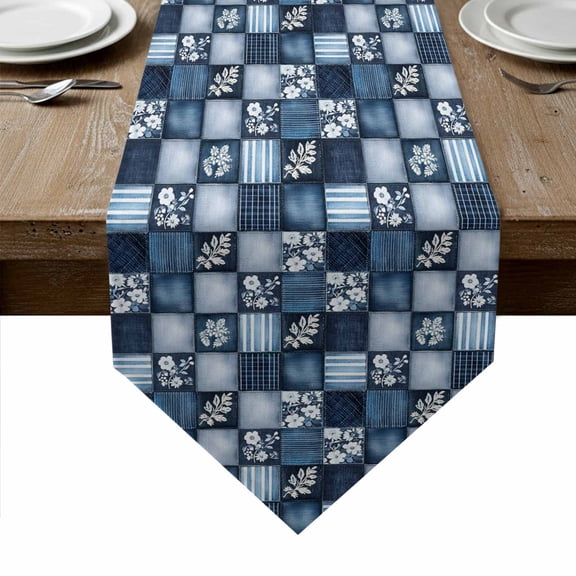 Botanical Blue Plaid Table Runner Linen Burlap Table Runner 72 Inches Long Summer Stripes Flower Leaf Dresser Scarves for Kitchen Island Coffee Dining Room Party Wedding Holiday Decoration 16"x72"