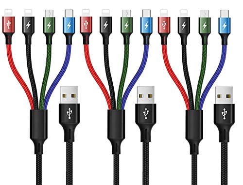 Multi USB Charging Cable 4A Minlu 4-in-1 Retractable USB Fast Charger Cord for Dual IP/Type C/Micro USB Ports Compatible with Phone/Huawei/Samsung Galaxy/Sony/LG/Tablets 3Pack/4Ft 