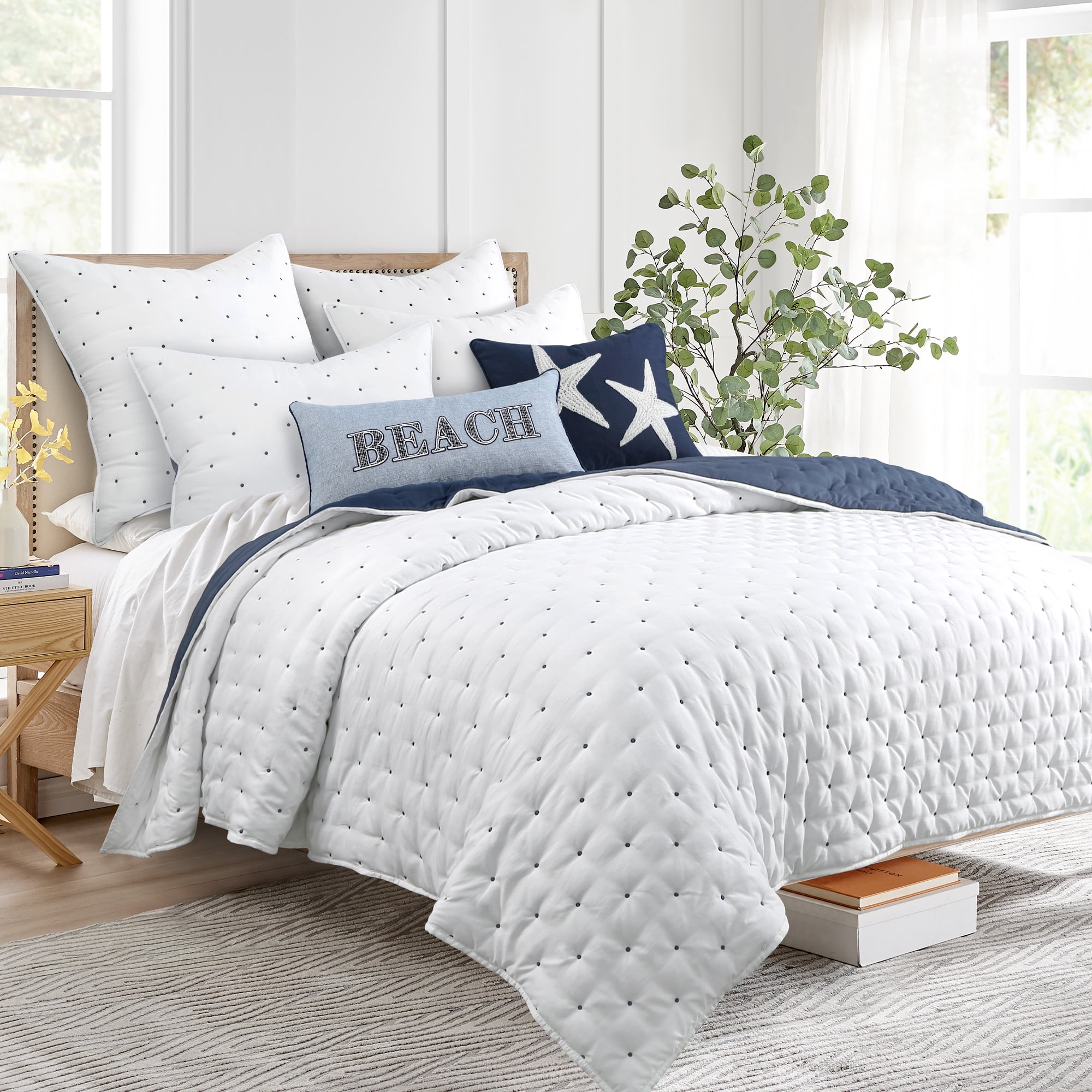 Levtex Home - Embroidered Swiss Dot Quilt Set - Full/Queen Quilt and Two Standard Shams - Dot - Navy and White - Quilt (88x92in.) and Shams (20x26in.) - Reversible - Polyester