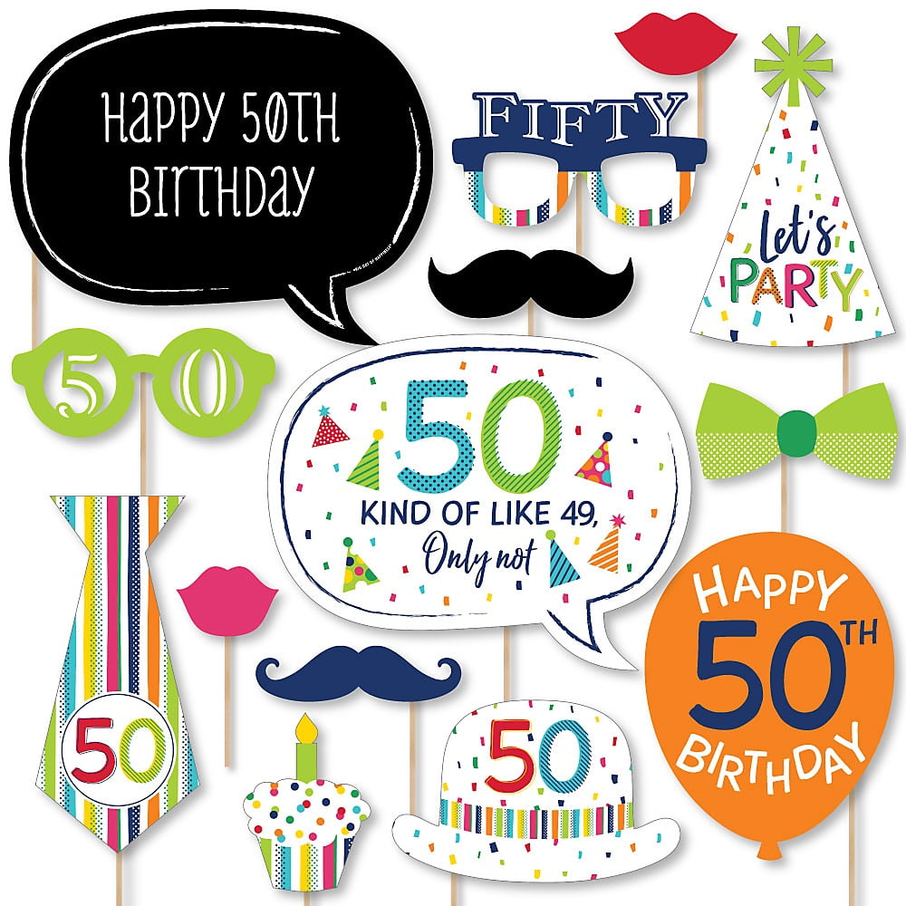 50th Birthday - Cheerful Happy Birthday - Colorful Fiftieth Birthday Party Photo Booth Props Kit - 20 Count 