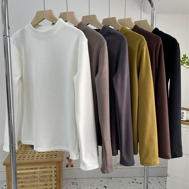 Camisa básica de cuello medio alto, color sólido, forro de lana de otoño e invierno, interior cálido, blusa básica de cuello alto de manga larga