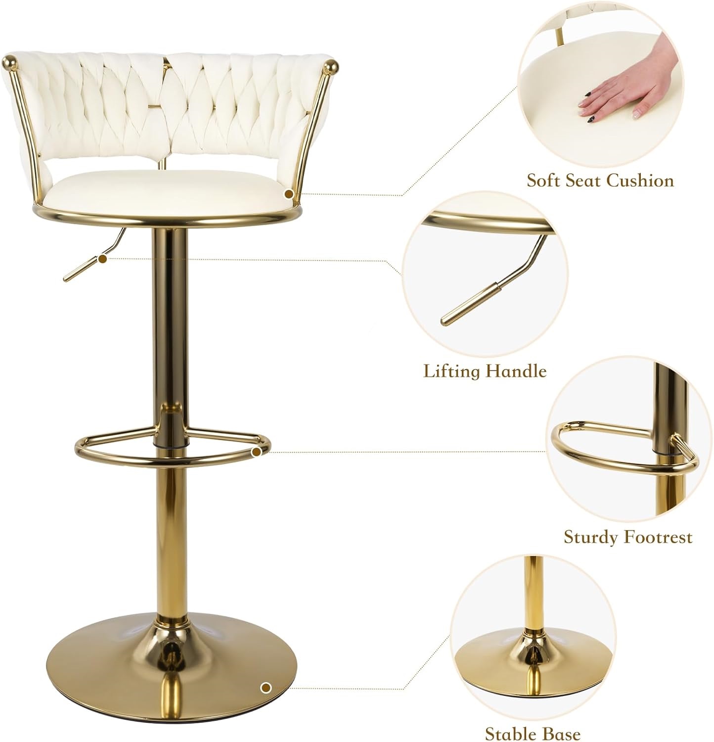 Homefun Swivel Velvet Bar Stools Set of 2, Height Adjustable Counter Height Stools with Low Back, Gold Swivel Bar Chairs for Kitchen Island