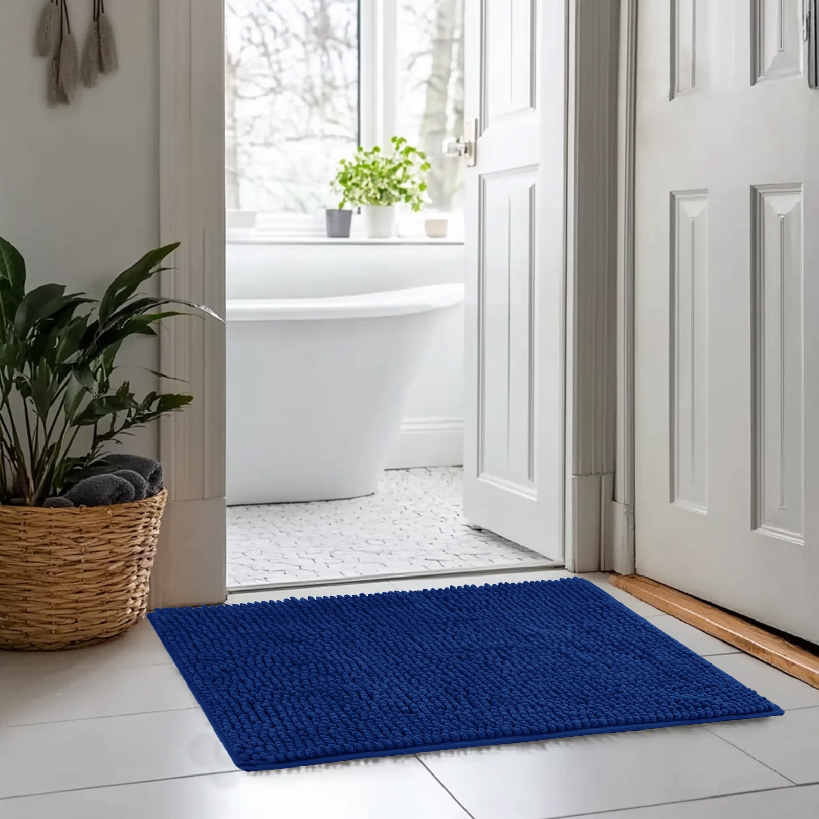 3 Pieces Bath Mat Set, Soft Chenille Bathroom Rugs Mat, Absorbent Spa Shaggy Bath Rugs Set, Machine Washable & Non Slip Bath Mats for Bathroom, Tub, Shower（Blue）